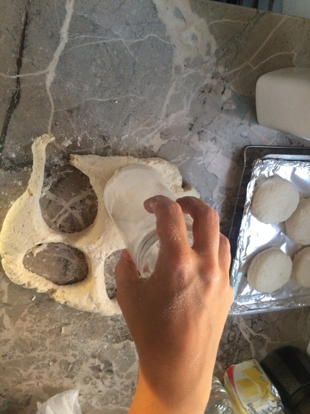 Making biscuits on our new (almost finished) marble counter